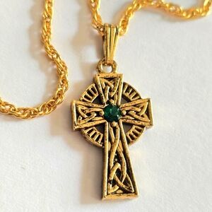 Celtic cross necklace gold tone green gem Ireland Irish jewelry